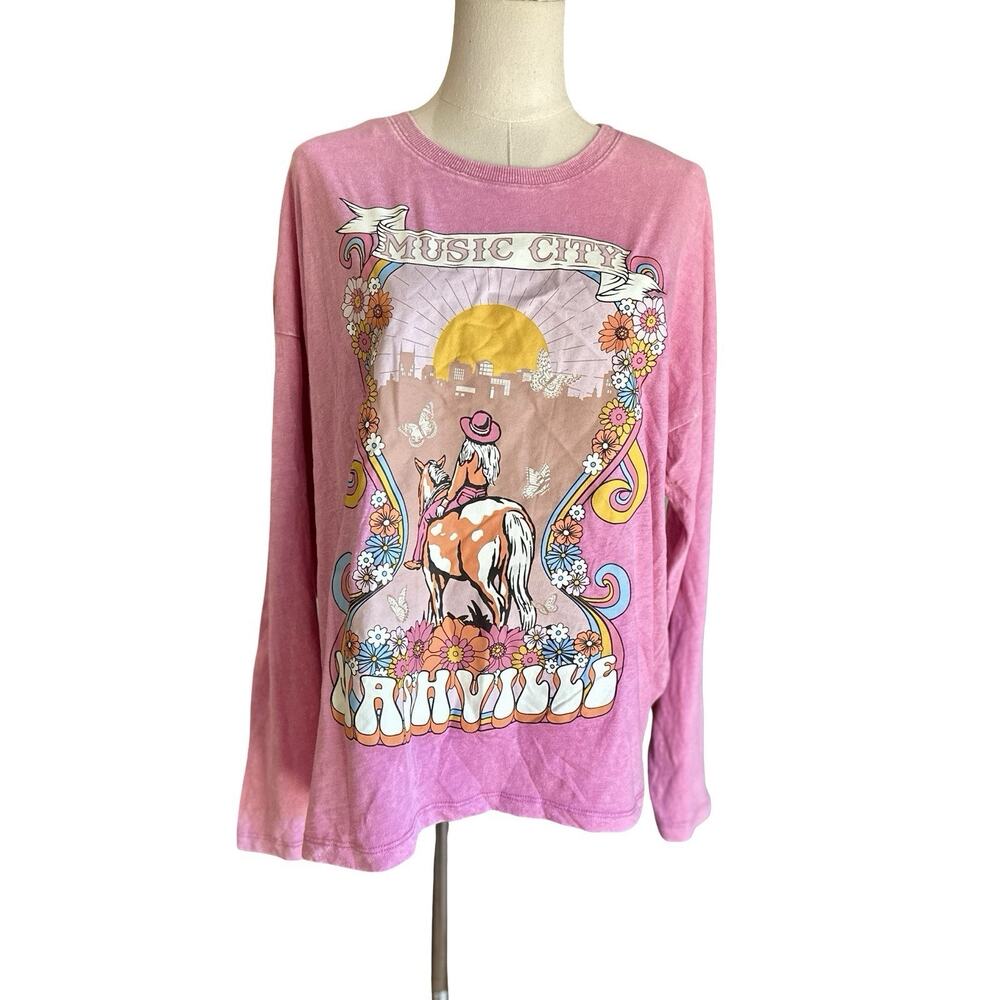 Music City Nashville Graphic Long Sleeve Tee Womens Pink Mineral Wash Cowgirl
